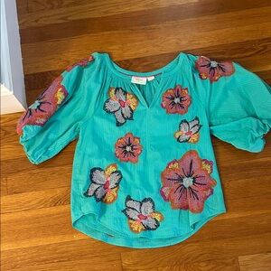 Anthropologie Teal Blouse with Floral Embroidery
